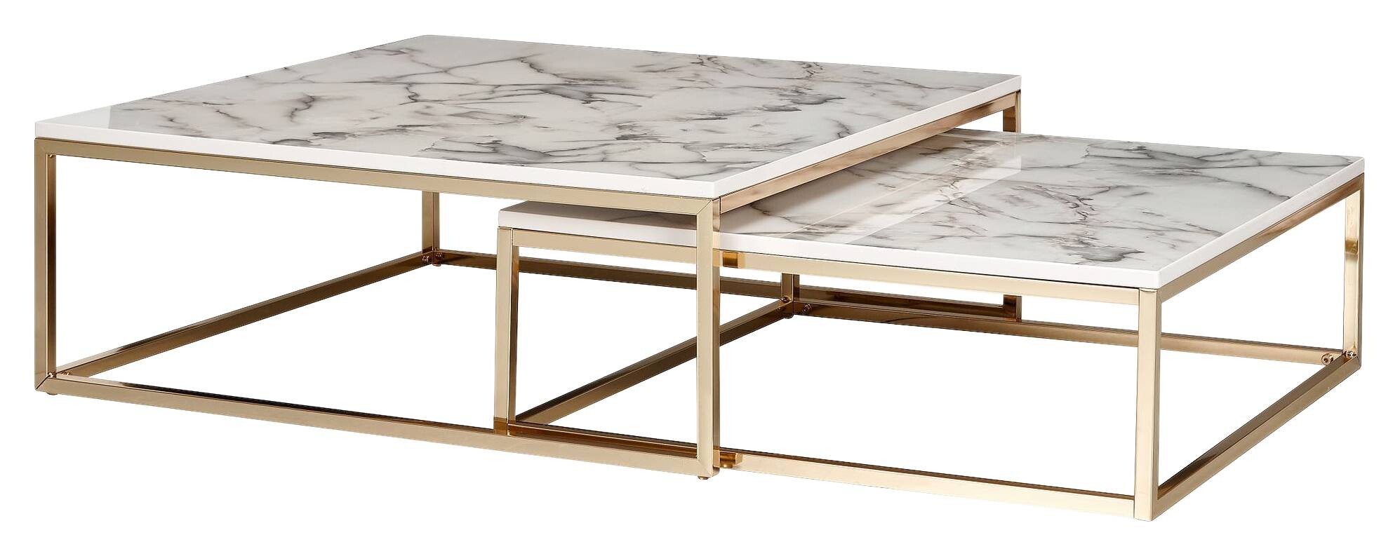 Couchtisch 2er-Set. weiß Marmor Optik gold lackiert