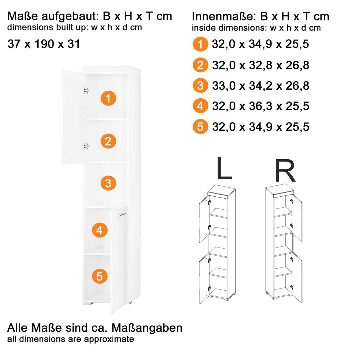 Hochschrank Amanda weiß Hochglanz Asteiche Nachbildung B/H/T: ca. 37x190x31 cm