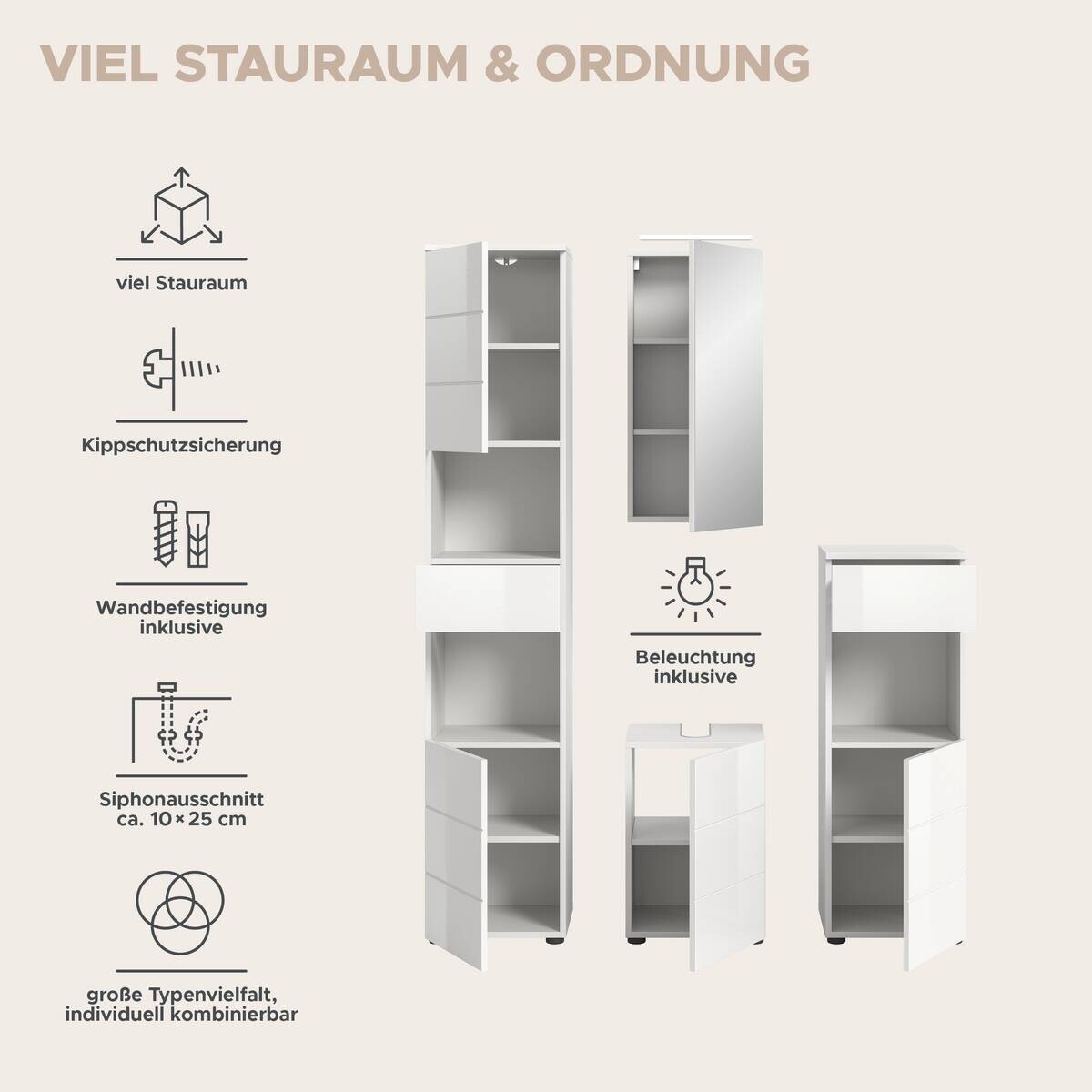 Badezimmer-Set VIRA weiß weiß Hochglanz B/H/T: ca. 144x190x34 cm