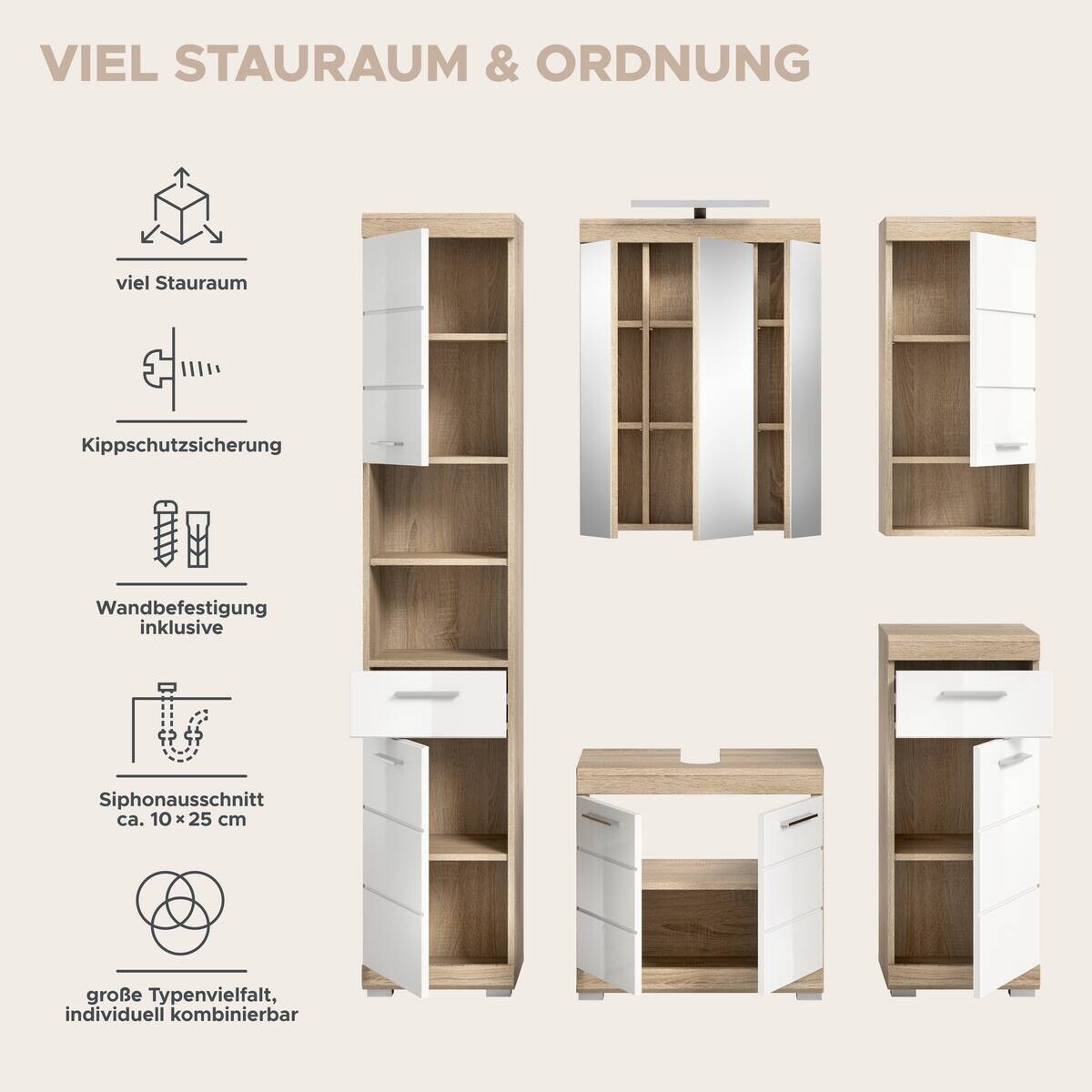 Badezimmer-Set Lambada Eiche Sonoma Nachbildung weiß Hochglanz B/H/T: ca. 164x191x34 cm