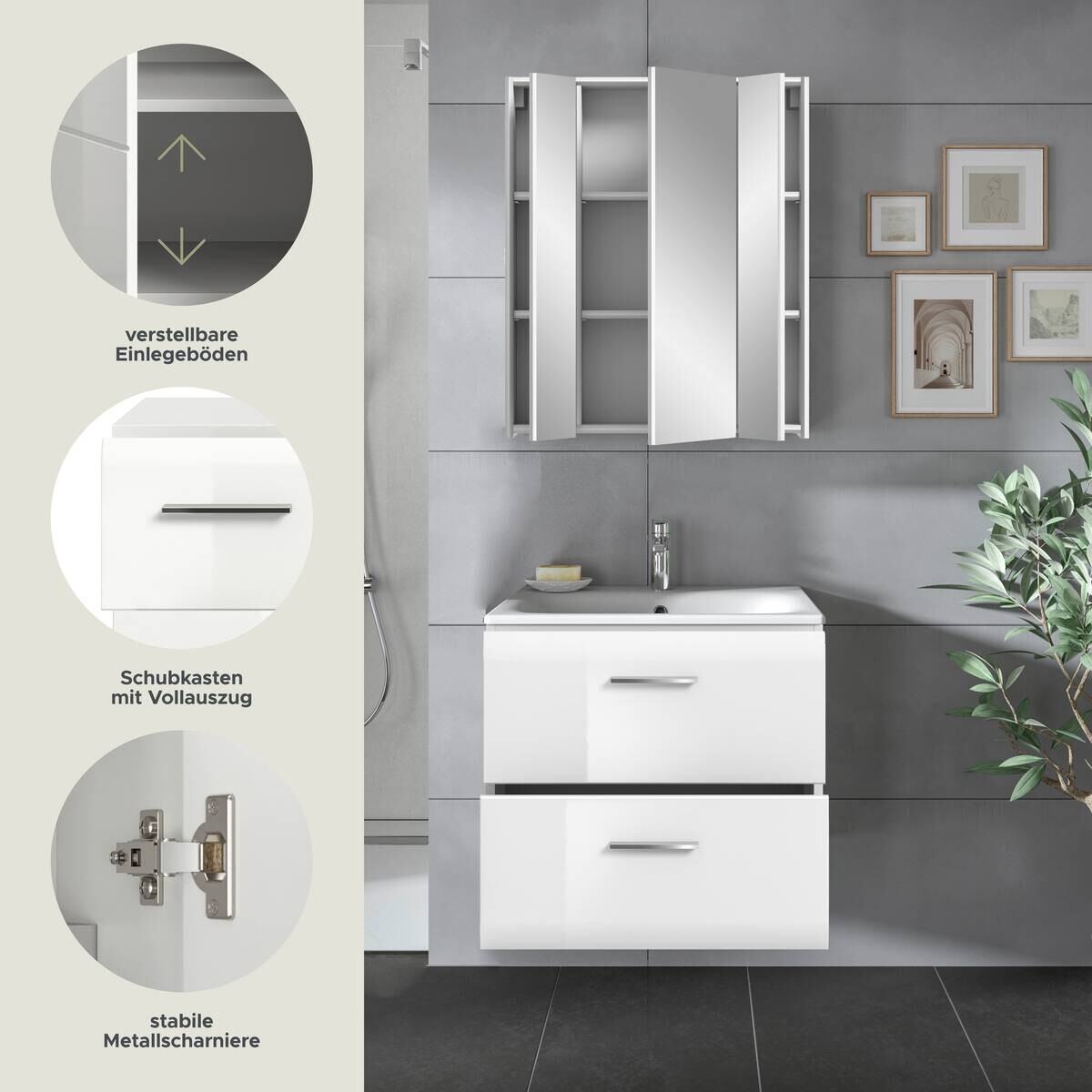 Badezimmer-Set Ice weiß weiß Hochglanz B/H/T: ca. 60x185x46 cm