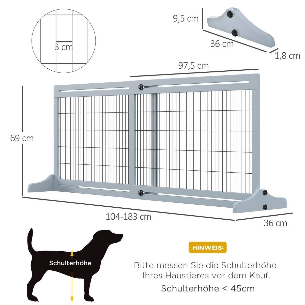 PawHut Hunde-Schutzgitter grau Kiefer B/H/L: ca. 36x183x69 cm