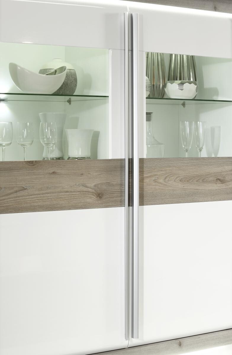 Vitrine weiß Eiche Nelson Nachbildung weiß Hochglanz B/H/T: ca. 133x161,8x53 cm