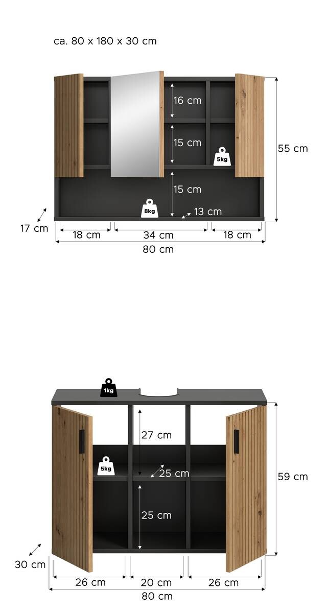 Badezimmer-Set Mone Basalt Nachbildung Artisan Oak Nachbildung B/H/T: ca. 80x180x30 cm