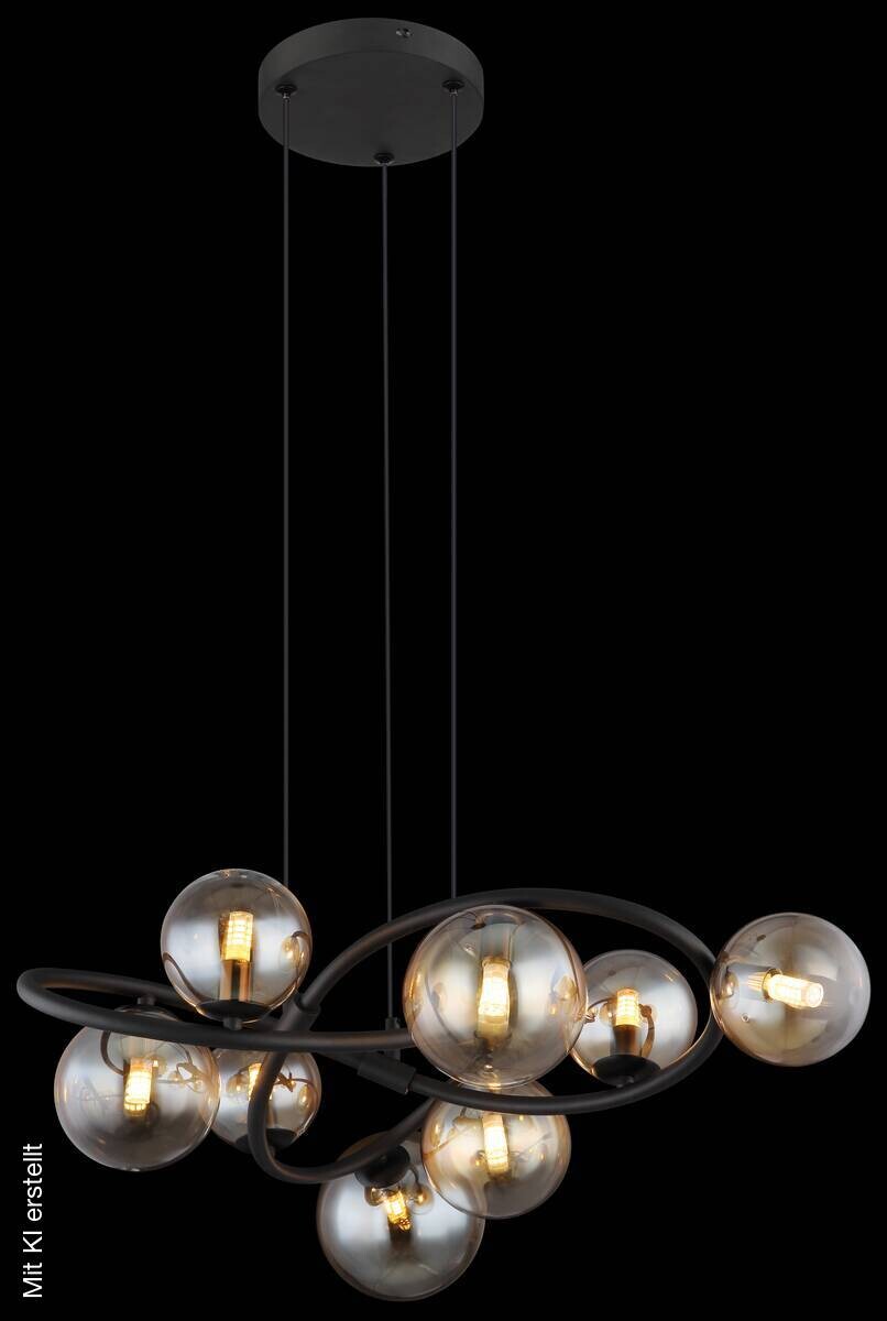 GLOBO LED-Pendelleuchte 10676 mattschwarz amber Metall Glas H/D: ca. 120x65 cm 8 Brennstellen