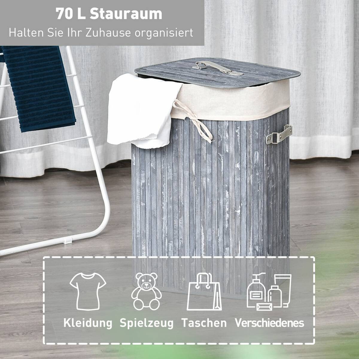 HOMCOM Wäschekorb mit 2 Tragegriffen grau Bambus Stoff Kunststoff B/H/L: ca. 30x60x40 cm