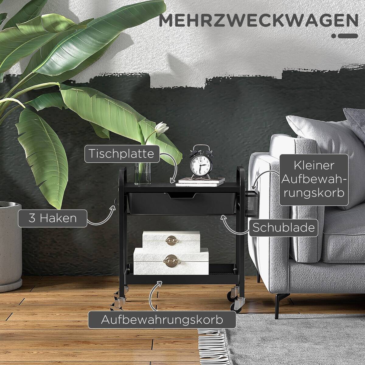 HOMCOM Rollwagen schwarz Edelstahl B/H/L: ca. 32,6x61x58,5 cm