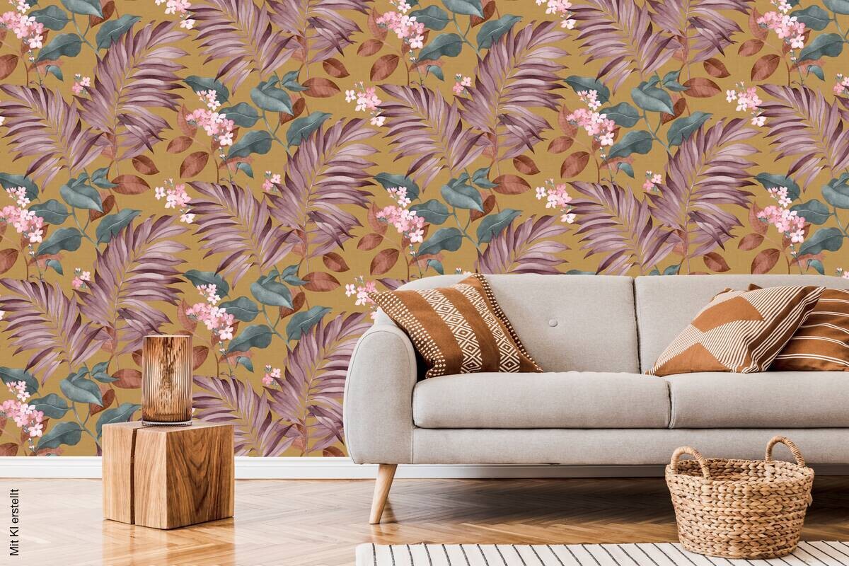 Vliestapete Blumen Blätter beige grün rosa B/L: ca. 53x1005 cm