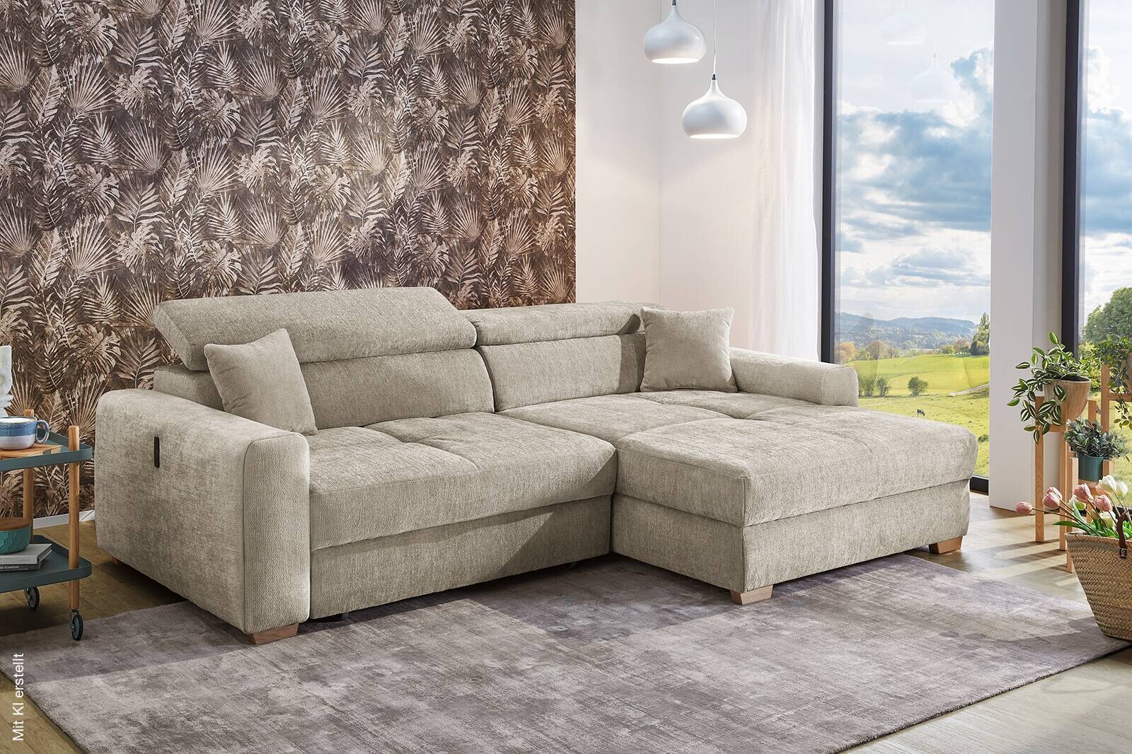 Ecksofa mit elektrischer XXL Sitztiefenverstellung beige Flachgewebe B/H/T: ca. 277x109x187 cm