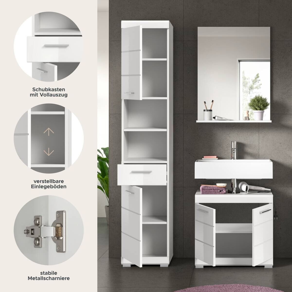 Badezimmer-Set Scout weiß weiß Hochglanz B/H/T: ca. 112x191x34 cm