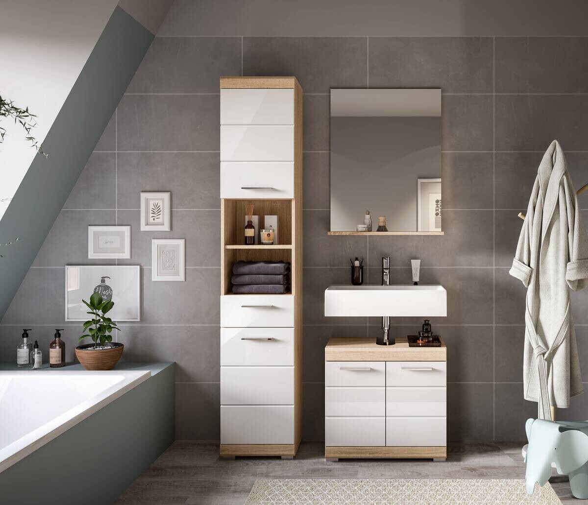 Badezimmer-Set Lambada Eiche Sonoma Nachbildung weiß Hochglanz B/H/T: ca. 112x191x34 cm