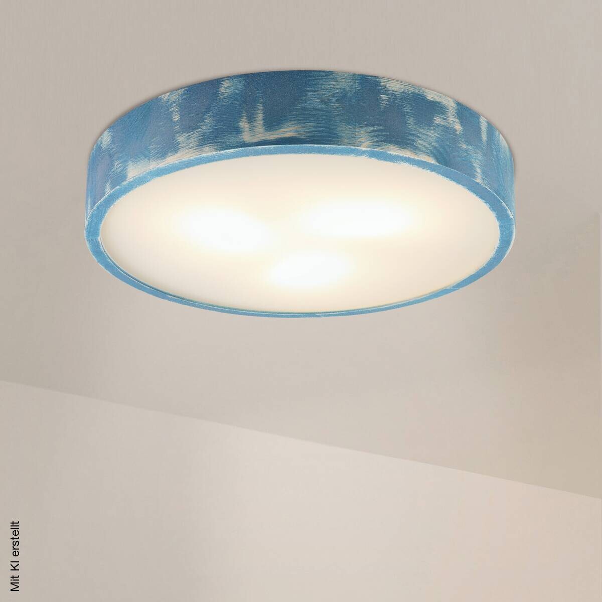 Lamkur Deckenleuchte hellbraun blau Holz Glas B/H/L: ca. 48x48x10 cm 3 Brennstellen