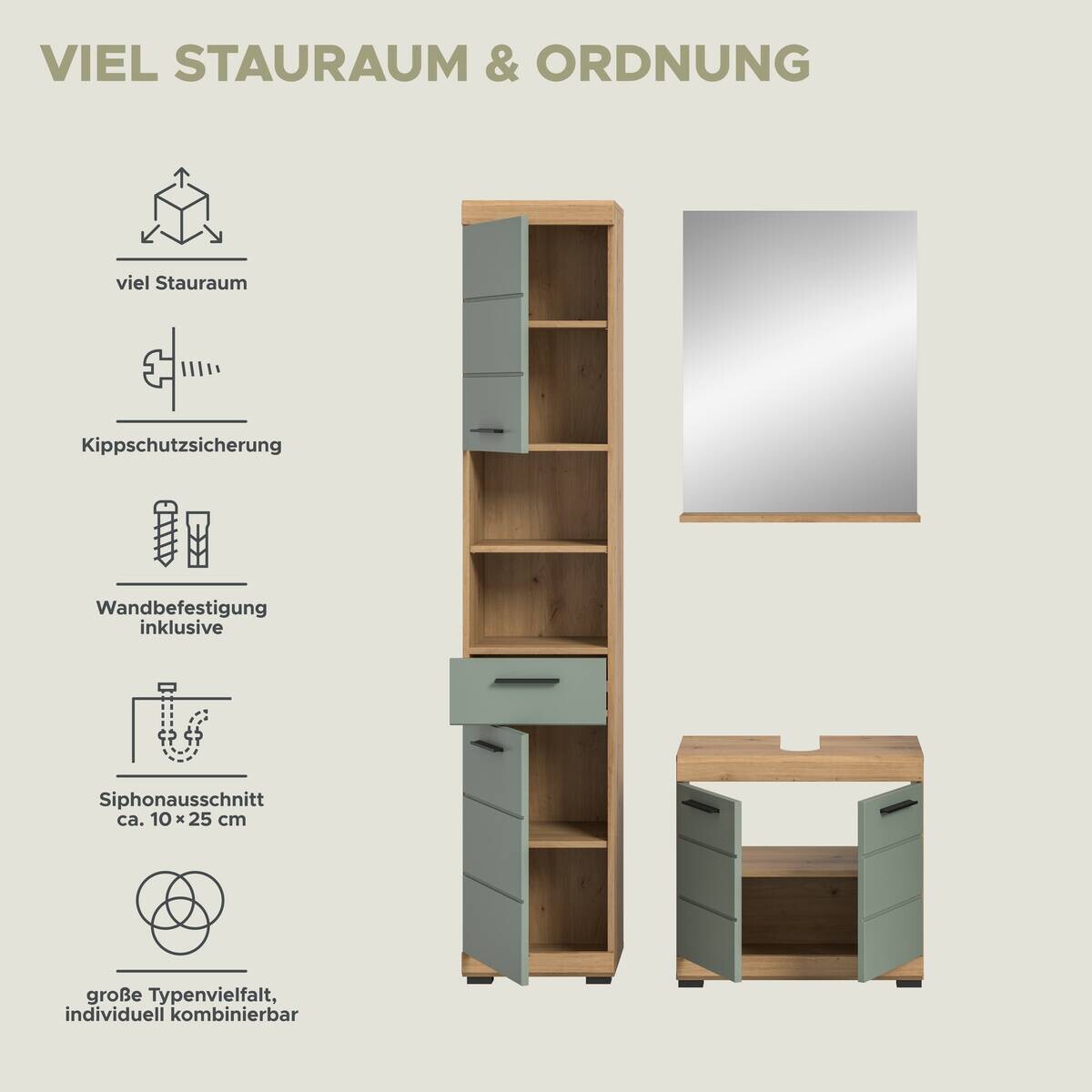 Badezimmer-Set Scout Eiche Artisan Nachbildung salbei Nachbildung B/H/T: ca. 112x191x34 cm