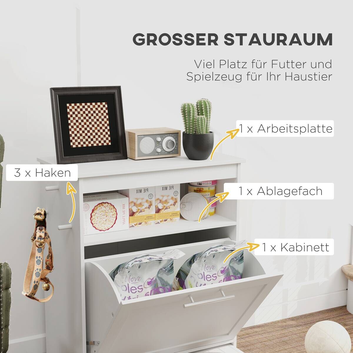 PawHut Haustier-Futterschrank weiß MDF B/H/L: ca. 35,5x82x61 cm