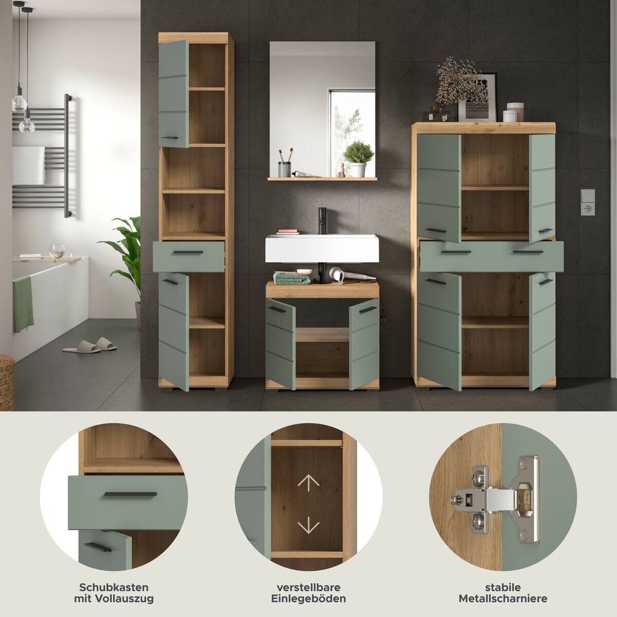 Badezimmer-Set Scout Eiche Artisan Nachbildung salbei Nachbildung B/H/T: ca. 186x191x34 cm