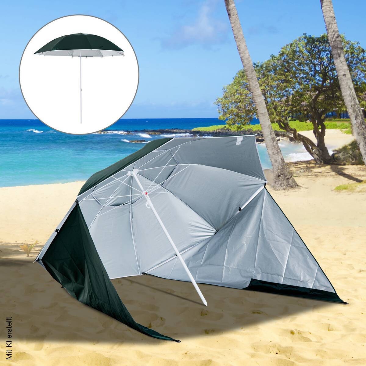 Outsunny Strandschirm-/Strandzelt 2in1 dunkelgrün Metall H/D: ca. 222x210 cm