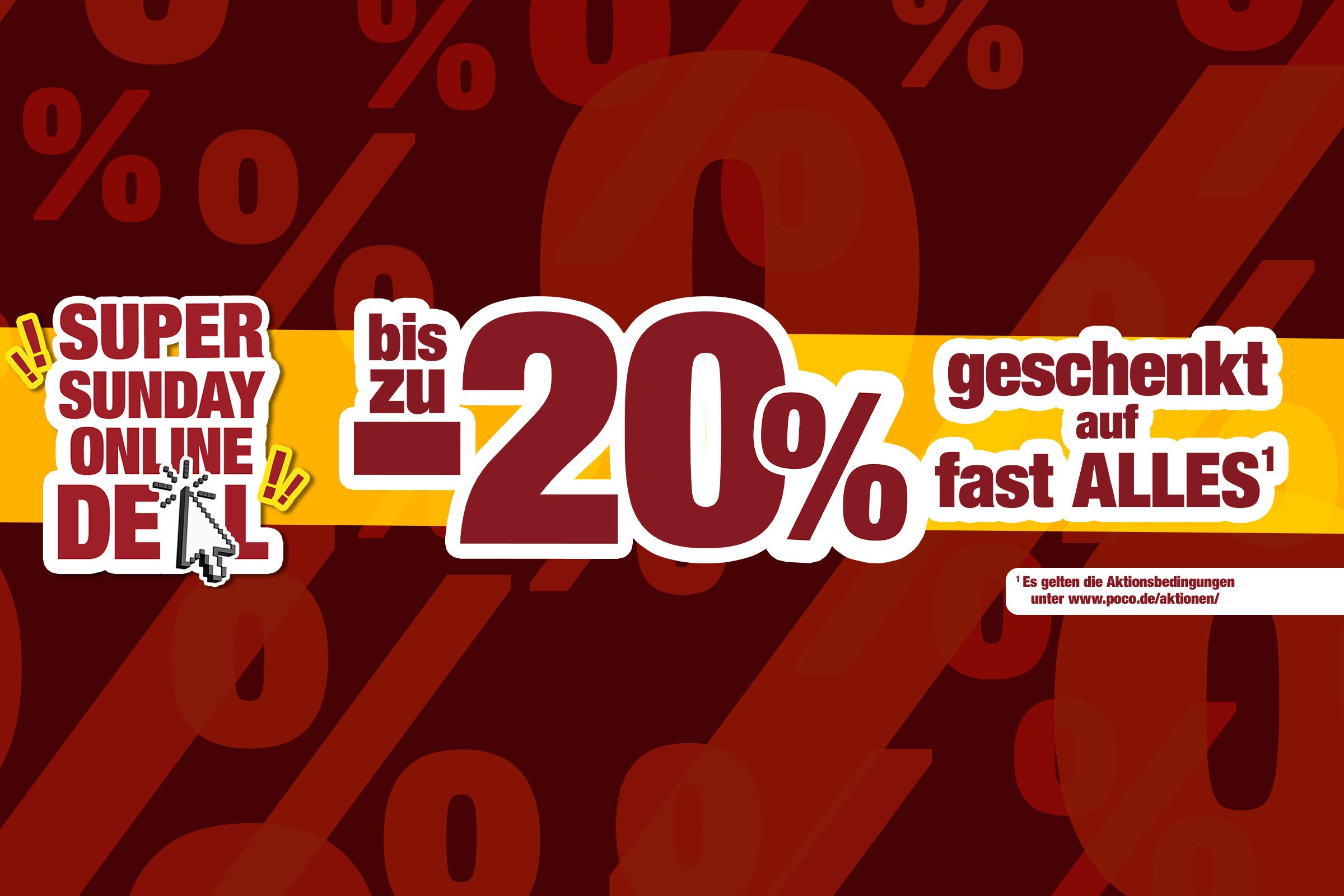 Werbegrafik mit rotem Hintergrund und großem Text 'bis zu -20% geschenkt auf fast ALLES' sowie 'SUPER SUNDAY ONLINE DEAL'