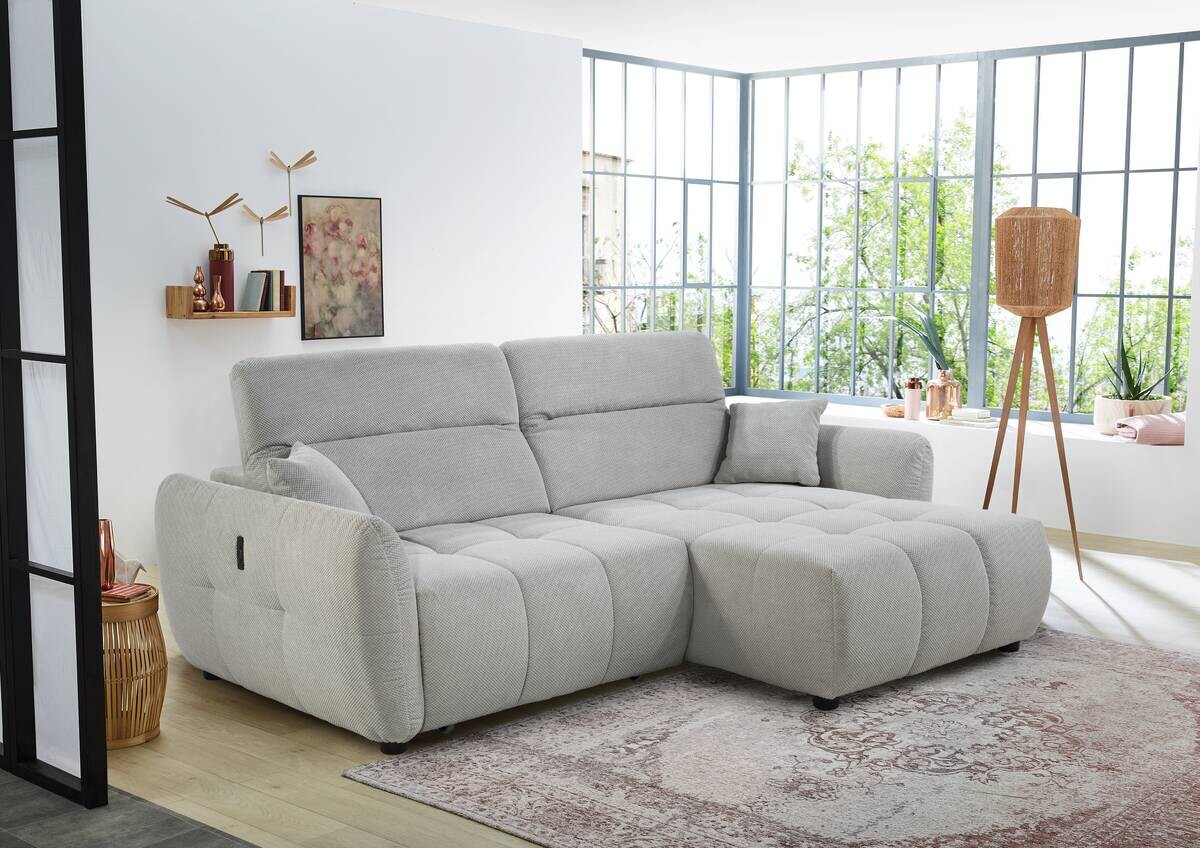 Ecksofa mit elektrischer XXL Sitztiefenverstellung hellgrau Kord B/H/T: ca. 260x106x191 cm