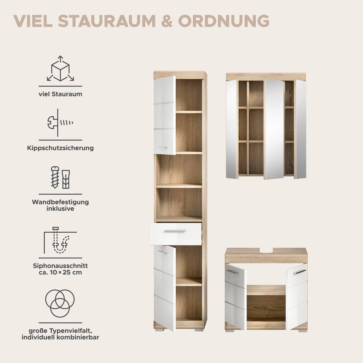 Badezimmer-Set Lambada Eiche Sonoma Nachbildung weiß Hochglanz B/H/T: ca. 112x191x34 cm