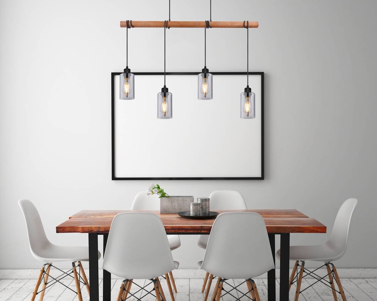 GLOBO Pendelleuchte Hadera schwarz natur Metall Holz Rauchglas B/H/T: ca. 98x130x15 cm E27 4 Brennstellen