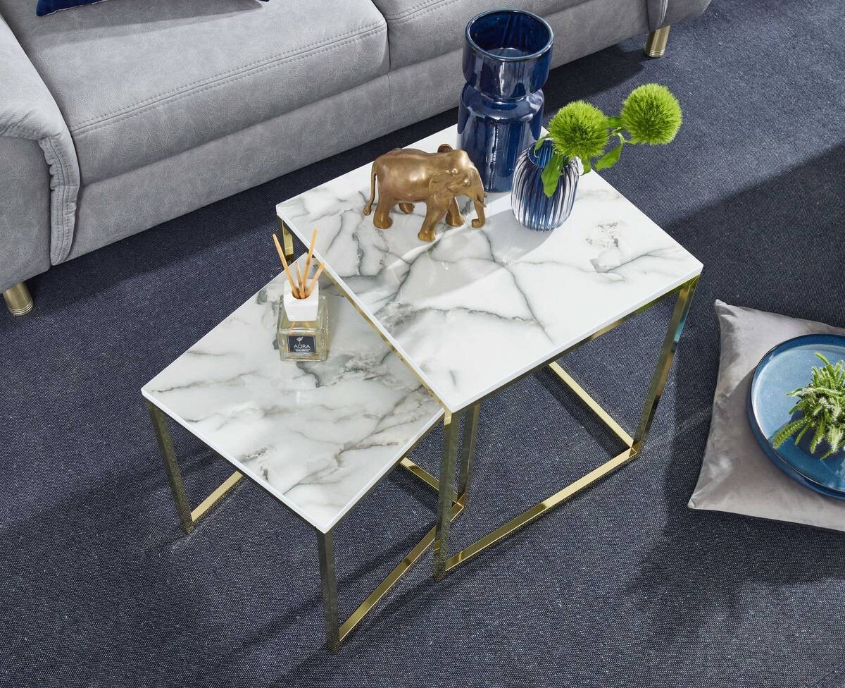 Wohnling Couchtisch 2er-Set. weiß Marmor gold MDF Stahl
