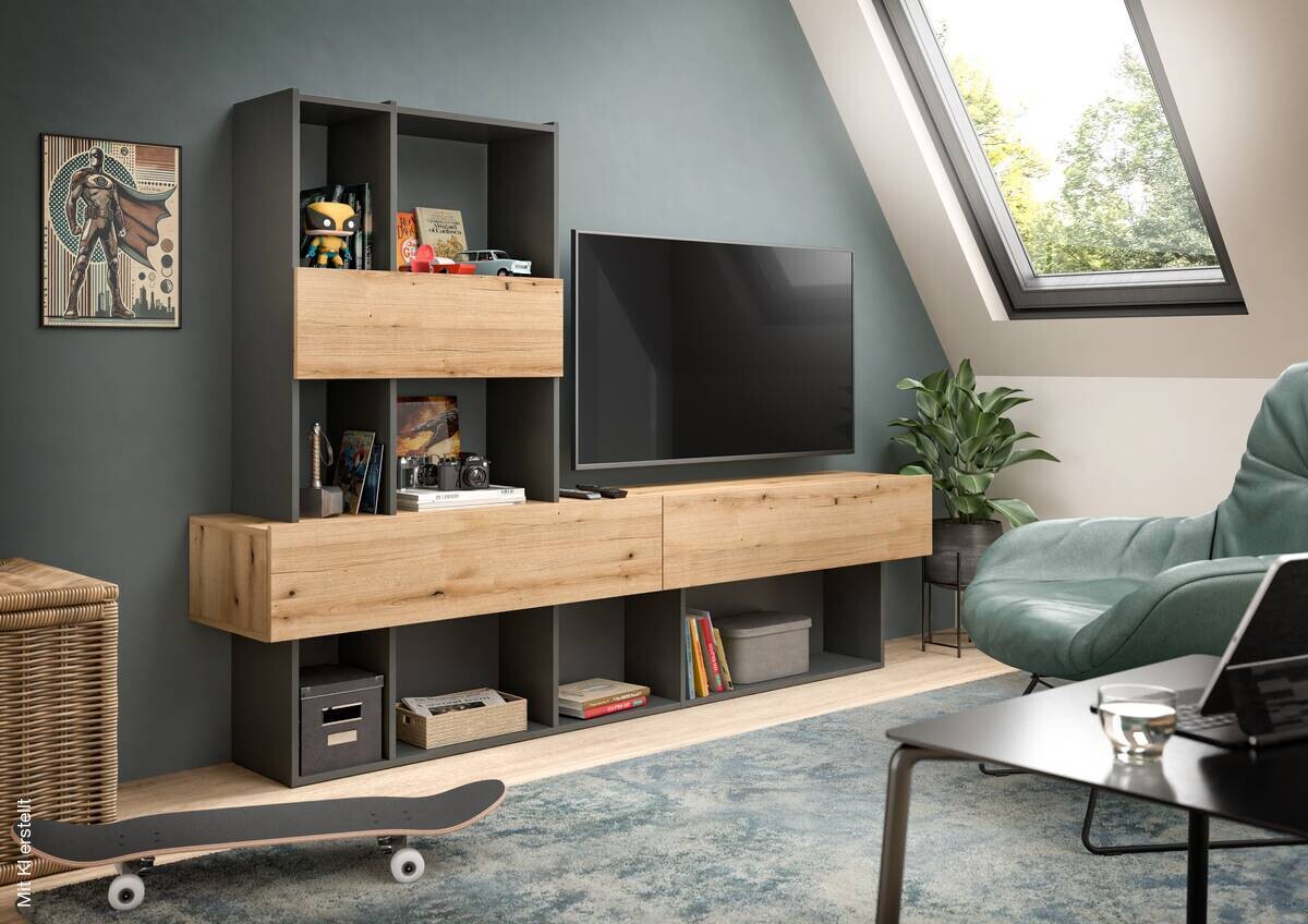 Wohnwand Lennox grau Eiche Evoke Coast Nachbildung B/H/T: ca. 210x147x38 cm