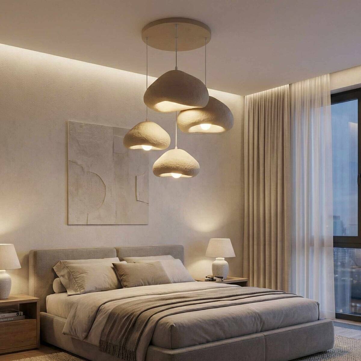 Opviq Pendelleuchte beige Metall Fiberglas B/H/T/L: ca. 154x110x46x154 cm E27 4 Brennstellen