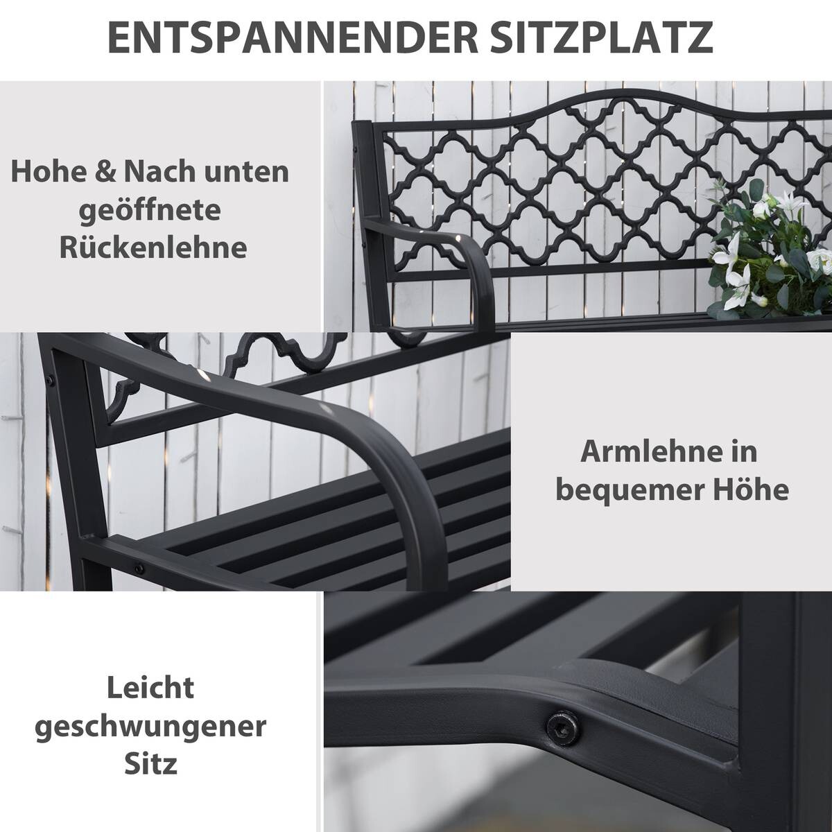 Outsunny Gartenbank schwarz Eisen B/H/L: ca. 58,5x89x128 cm