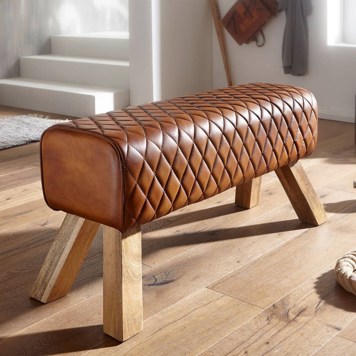 Wohnling Sitzbank braun natur Leder Echtholz B/H/T: ca. 89x46x35 cm