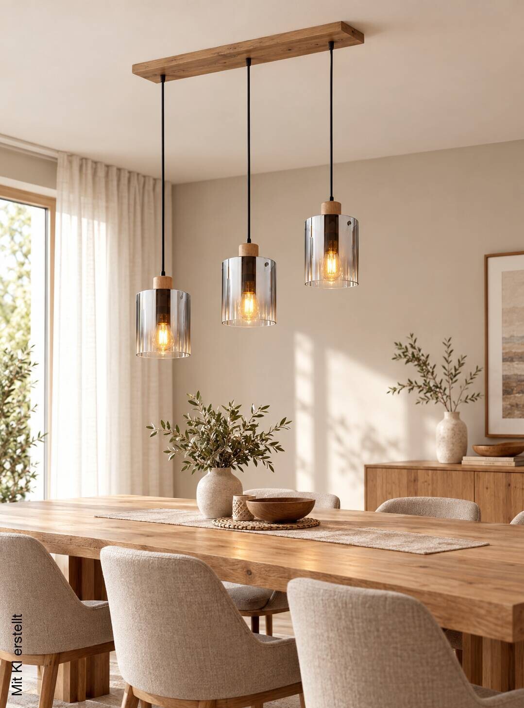 POCOline Pendelleuchte Svea Rauch natur Holz Glas B/H/L: ca. 16x120x80 cm E27 3 Brennstellen