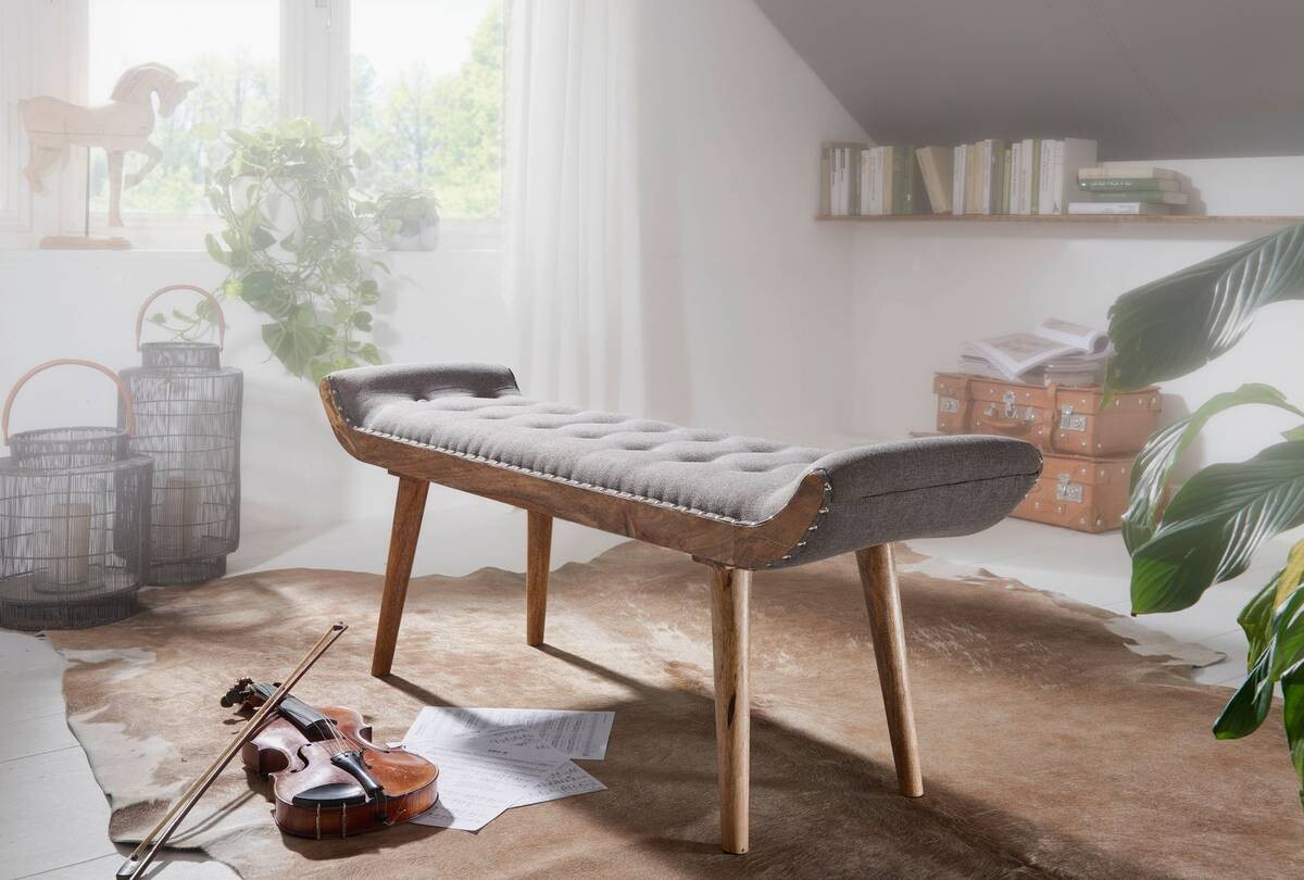 Wohnling Sitzbank grau natur Stoff Echtholz B/H/T: ca. 125x51x38 cm