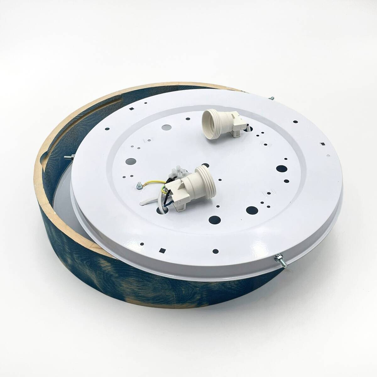 Lamkur Deckenleuchte blau hellbraun Glas Holz B/H/L: ca. 38x38x10 cm 2 Brennstellen