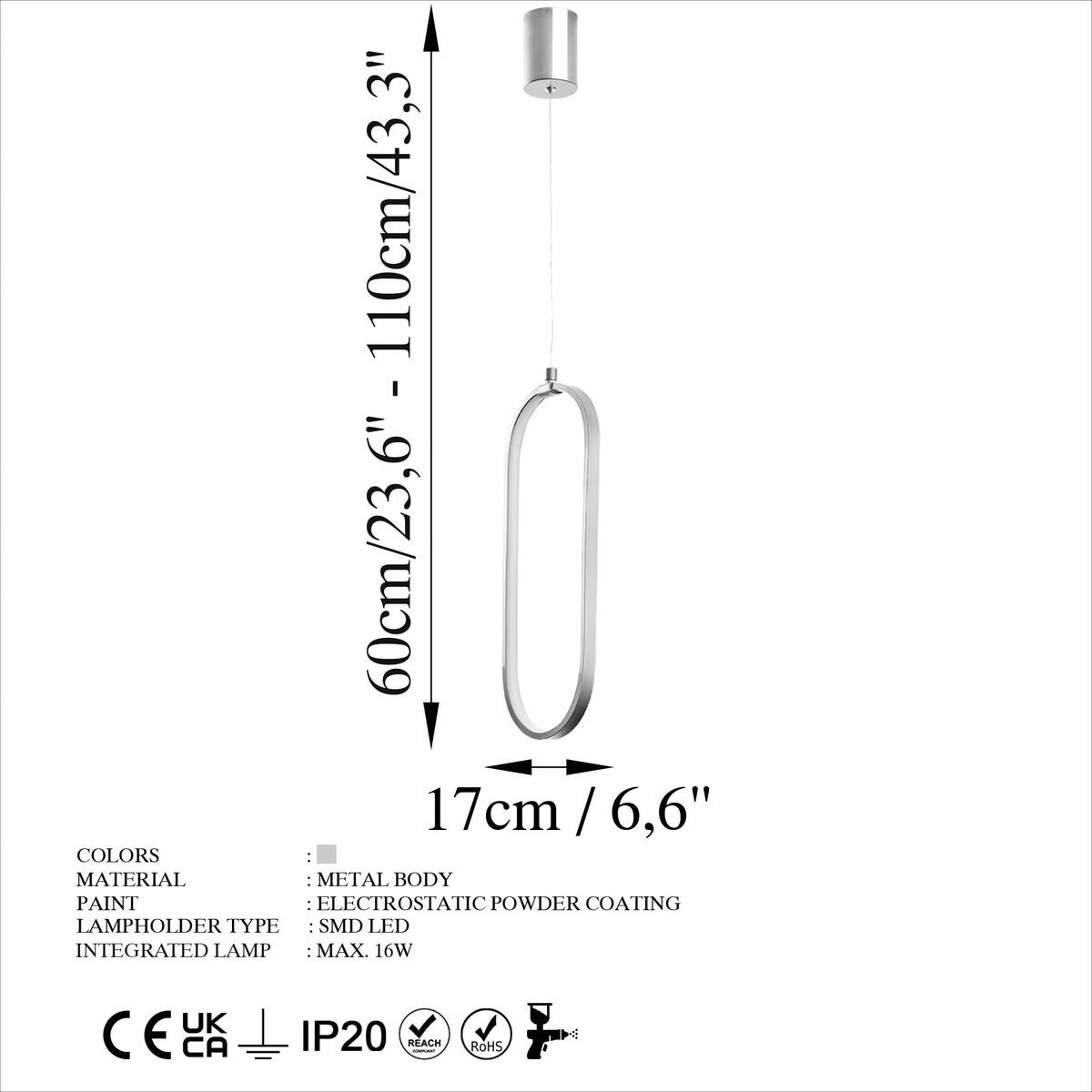 Opviq LED-Pendelleuchte Chrom B/H/T: ca. 17x110x10 cm