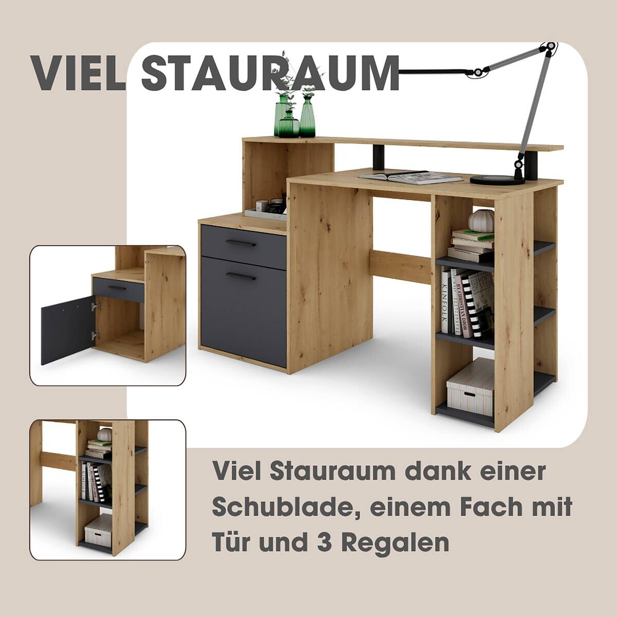 Schreibtisch LOUIS Eiche anthrazit B/H/T: ca. 140x89x55 cm