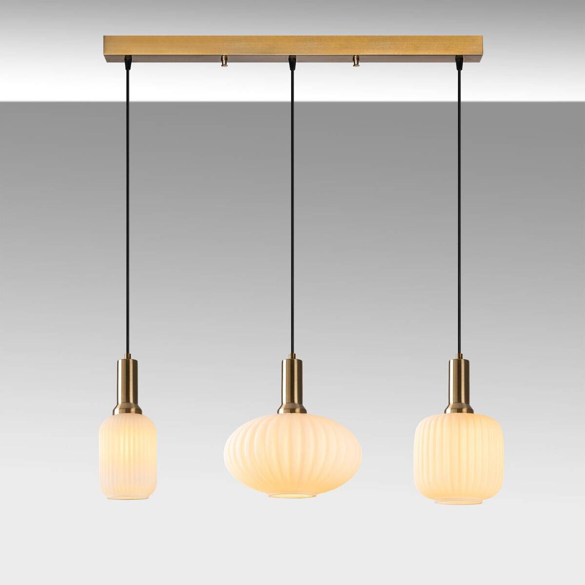 Pendelleuchte gold Metall Glas B/H/T/L: ca. 30x130x30x87 cm E27 3 Brennstellen