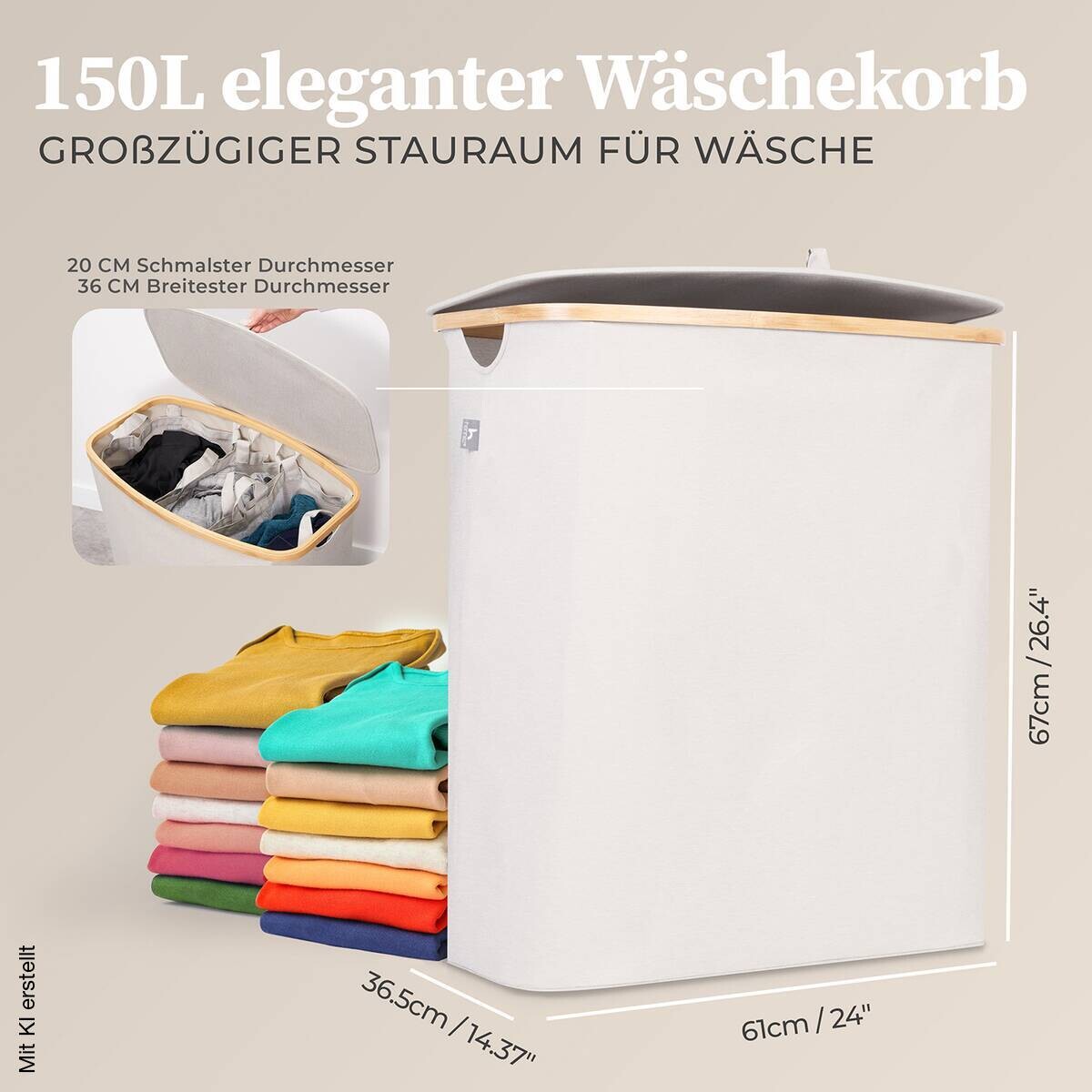 Wäschekorb beige Kunststoff B/H/L: ca. 36,5x67x61 cm