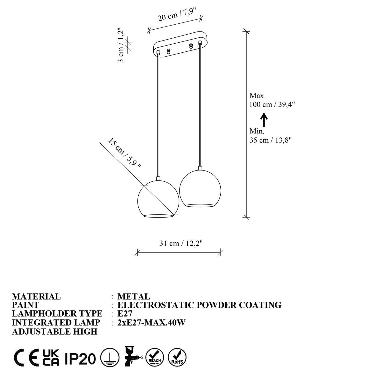 Opviq Pendelleuchte B/H/T: ca. 15x100x15 cm E27 2 Brennstellen