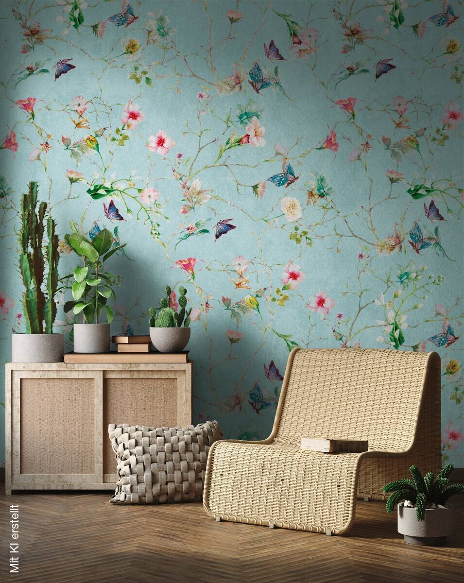 Livingwalls Fototapete Blütenzweig türkis rosa grün B/L: ca. 280x159 cm