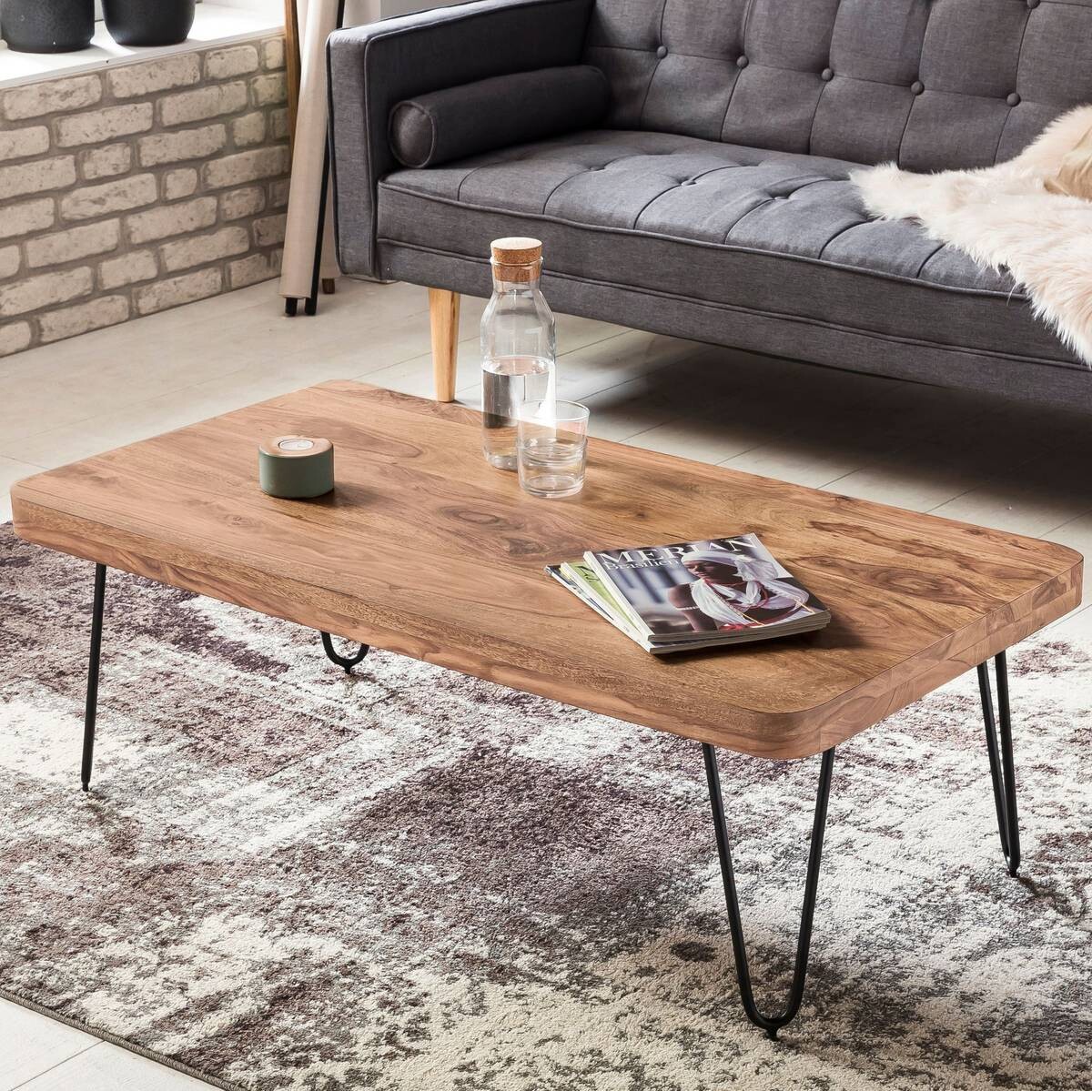 Wohnling Couchtisch natur schwarz Akazie Metall B/H/T: ca. 115x40x60 cm