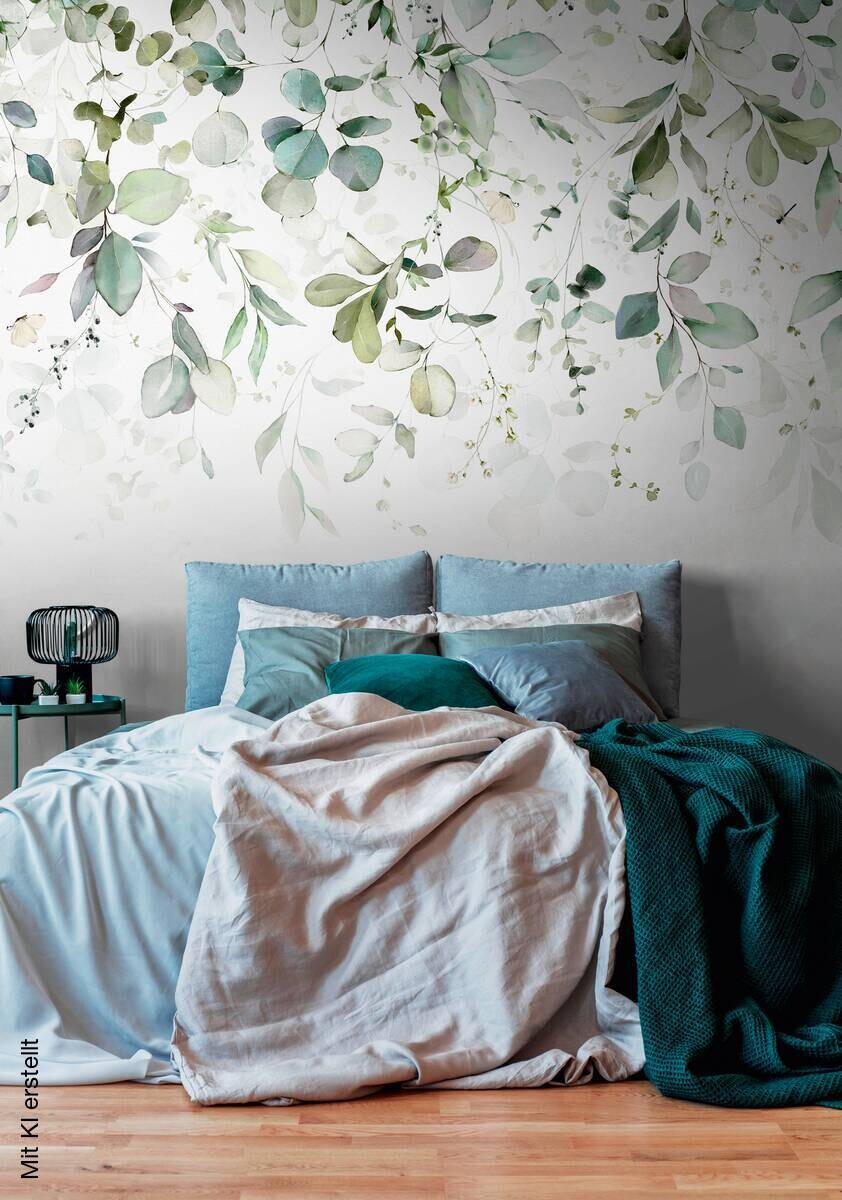Livingwalls Fototapete Floral blau grün weiß B/L: ca. 280x371 cm