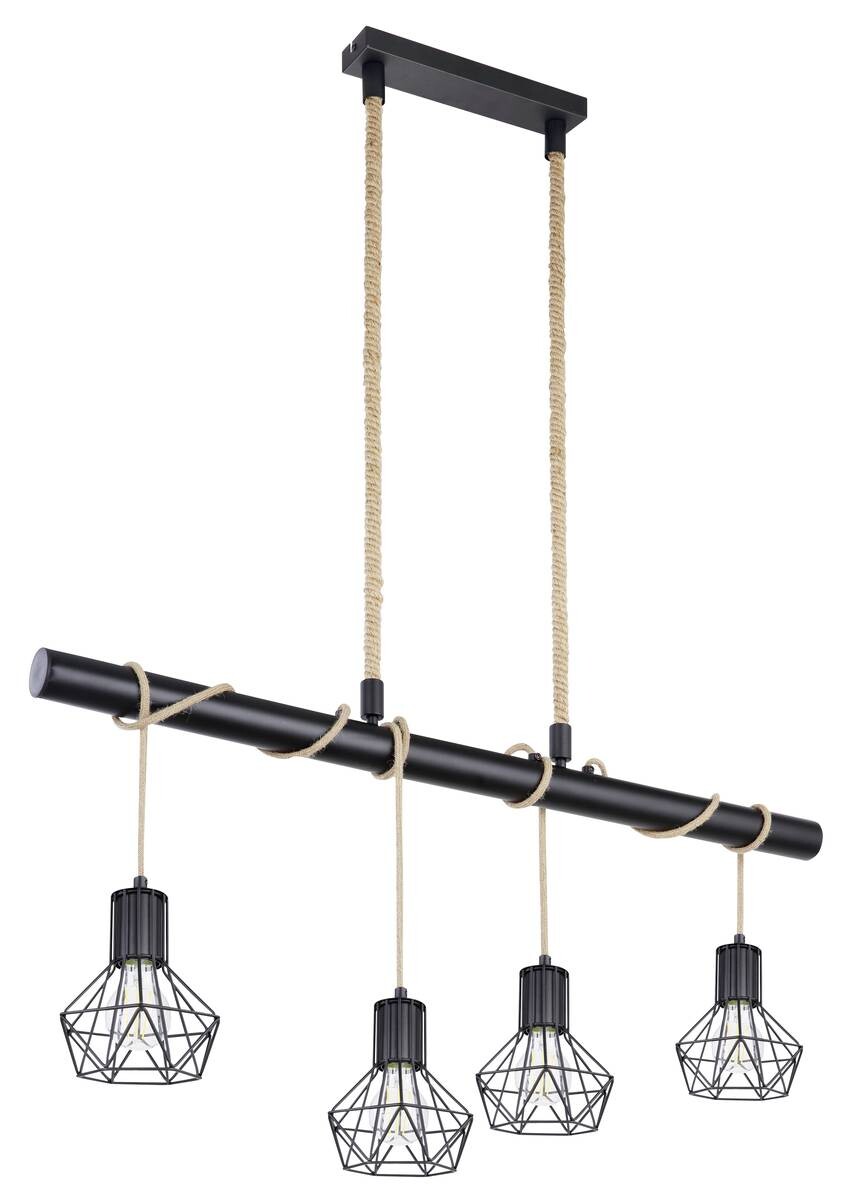 GLOBO Pendelleuchte PRISKA 54017-4H schwarz Metall Hanfseil B/H/T: ca. 100x120x15 cm