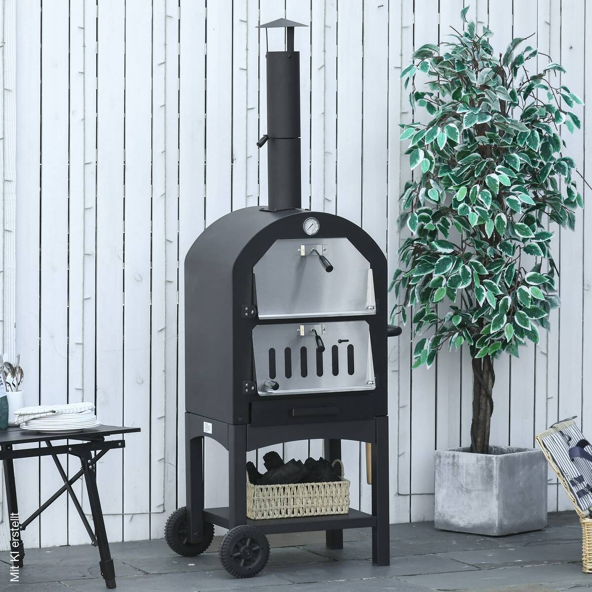 Outsunny Pizzaofen mit Schornstein schwarz Stahl B/H/L: ca. 54x161x63 cm