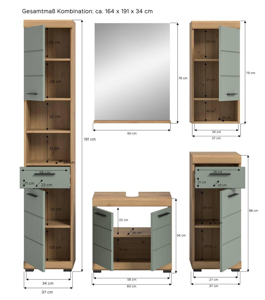 Badezimmer-Set Scout Eiche Artisan Nachbildung salbei Nachbildung B/H/T: ca. 164x191x34 cm