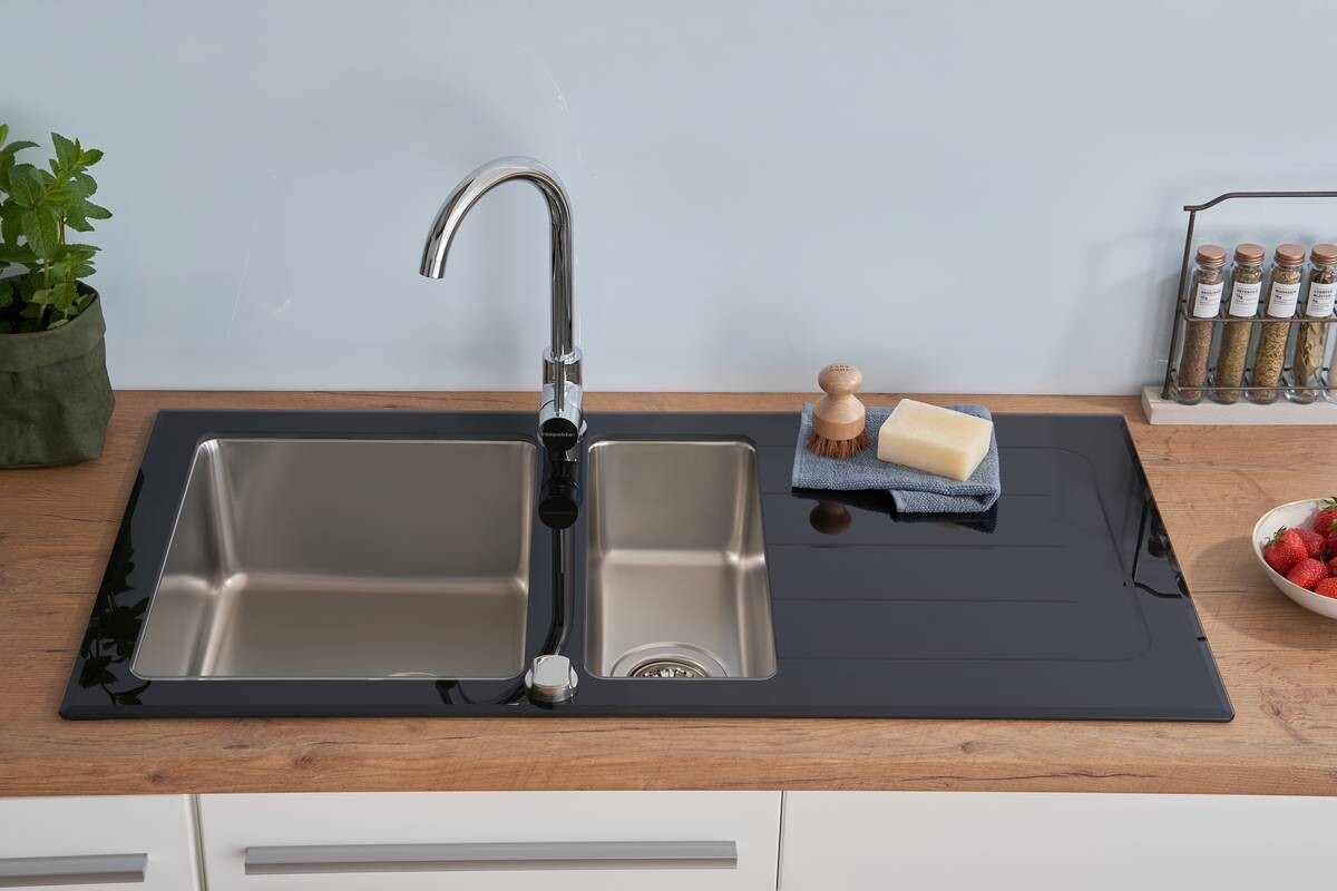 Respekta Einbauspüle New York 100 x 50 S schwarz Glas Edelstahl B/H/T: ca. 100x21x50 cm