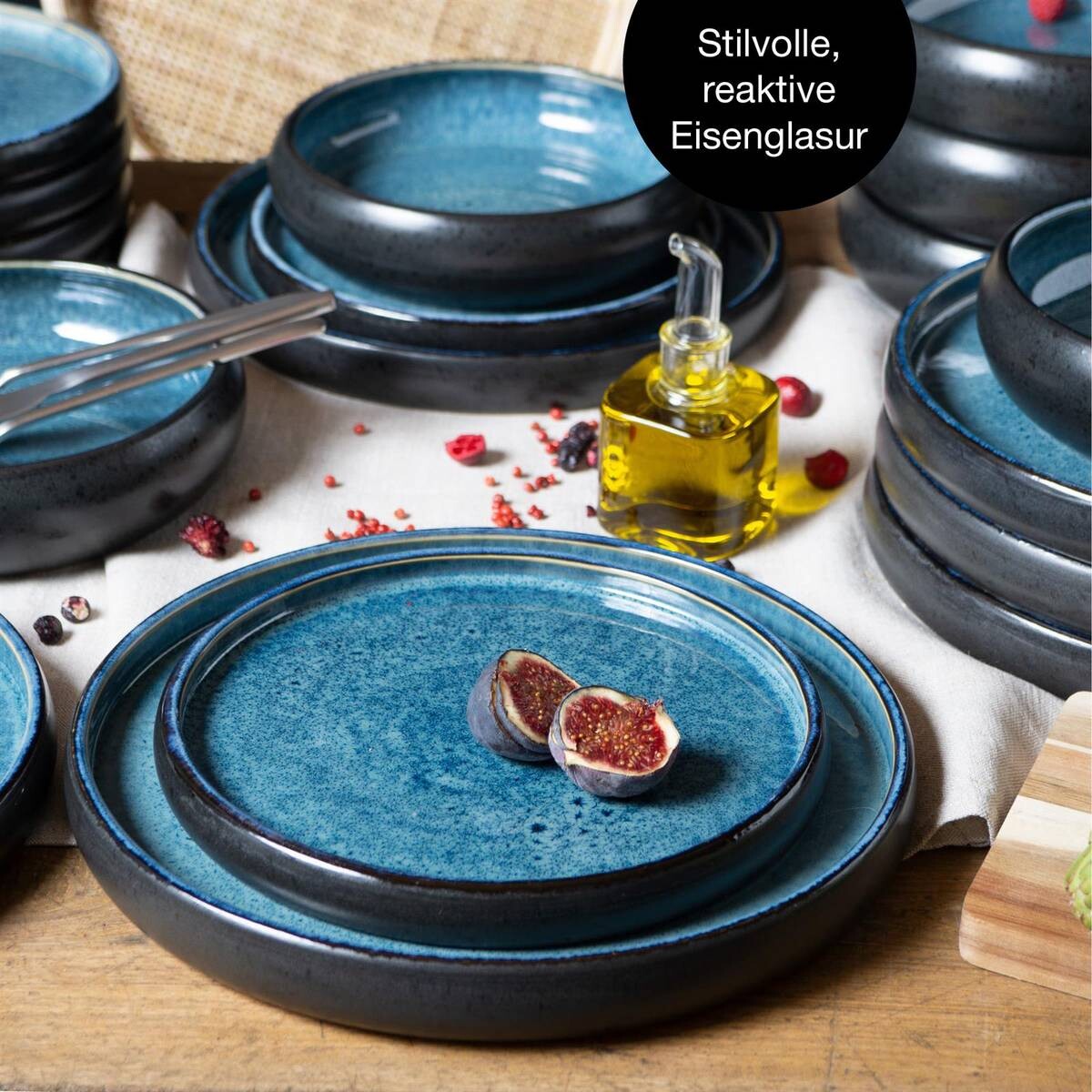 Moritz & Moritz Tafelservice Reaktiv blau Steinzeug 18 tlg.
