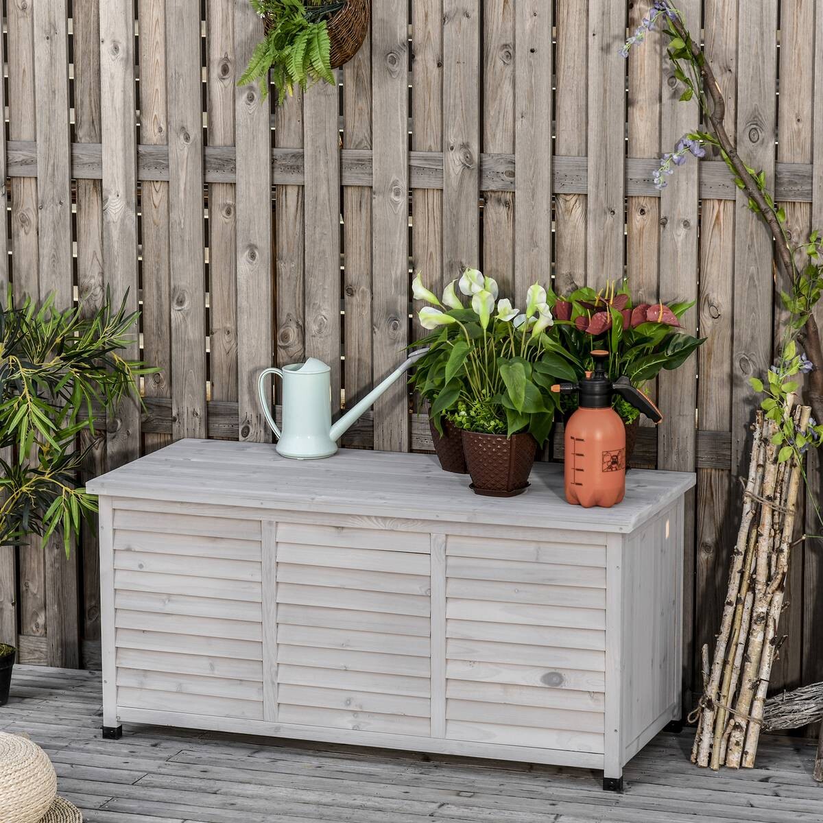 Outsunny Gartentruhe mit Stauraum grau Holz B/H/L: ca. 56x60x127 cm