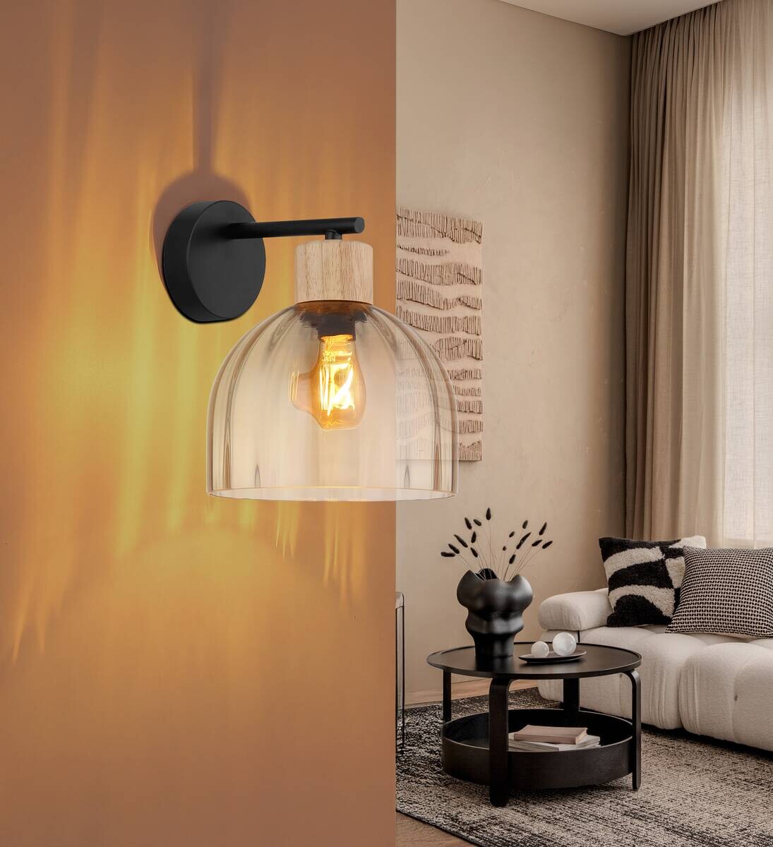 GLOBO Wandleuchte amber schwarz Metall Glas B/H: ca. 20x24 cm E27 1 Brennstellen