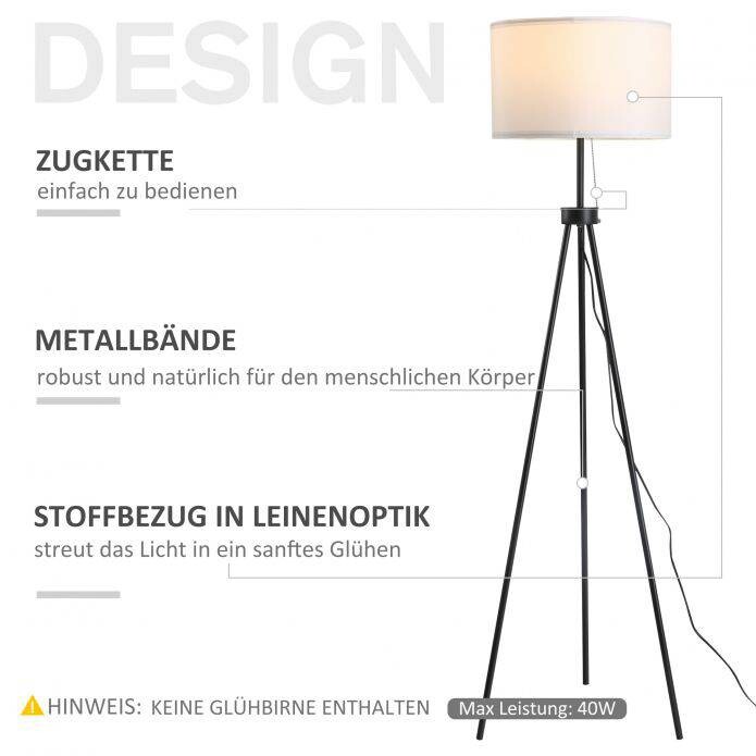 HOMCOM Stehlampe schwarz weiß Metall Polyester-Mischgewebe Stoff B/H/L: ca. 37x152x37 cm E27 1 Brennstellen