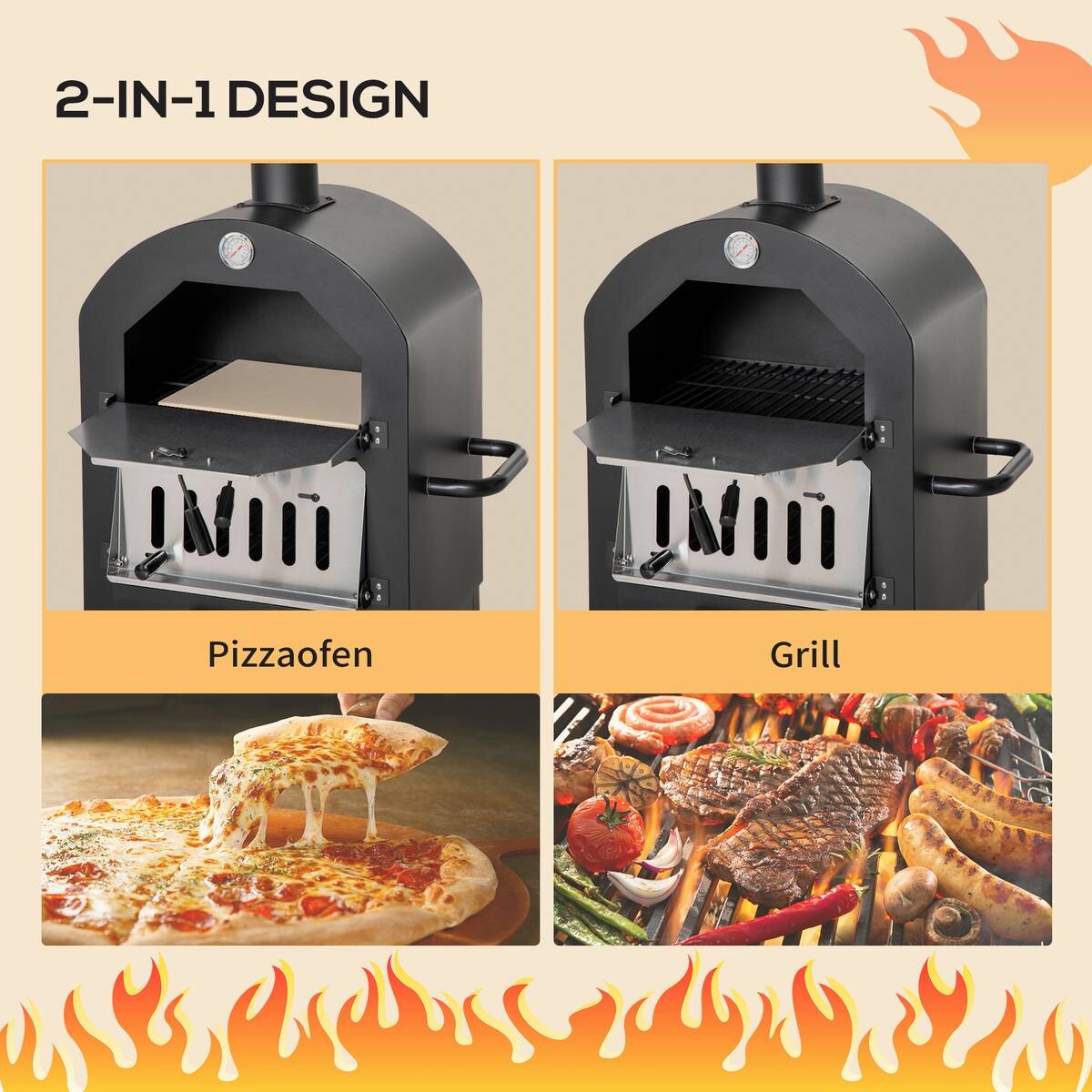 Outsunny Pizzaofen mit Schornstein schwarz Stahl B/H/L: ca. 54x161x63 cm
