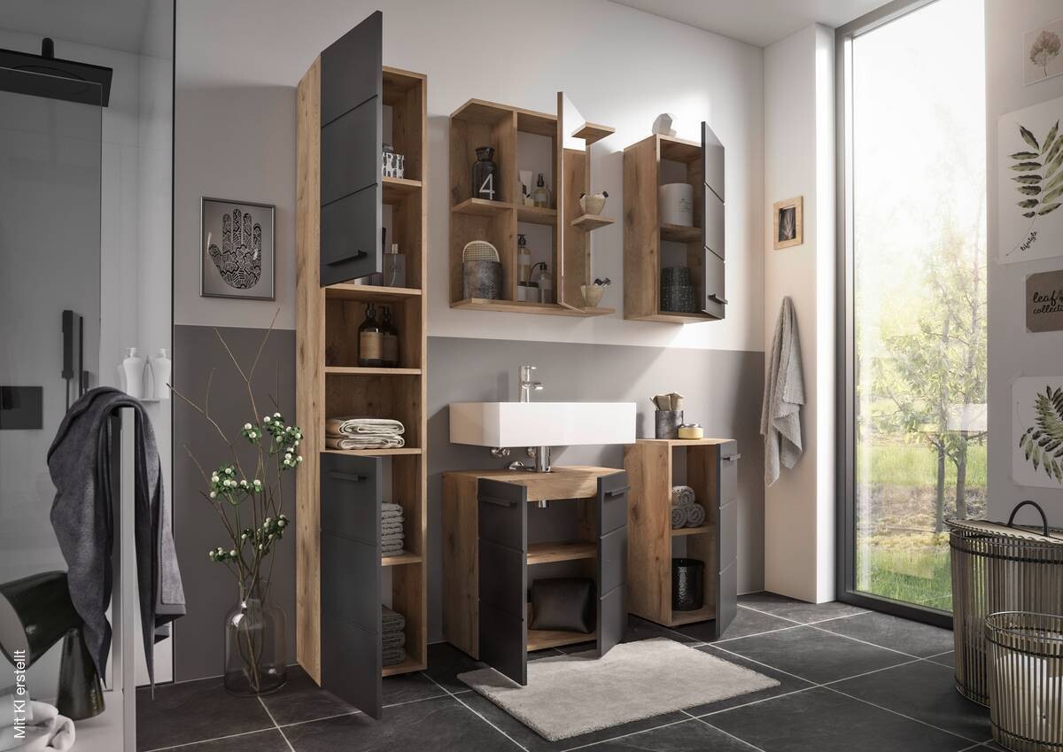 Waschbeckenunterschrank Vista Oak Eiche Viking Nachbildung schwarz matt B/H/T: ca. 60x62x31 cm